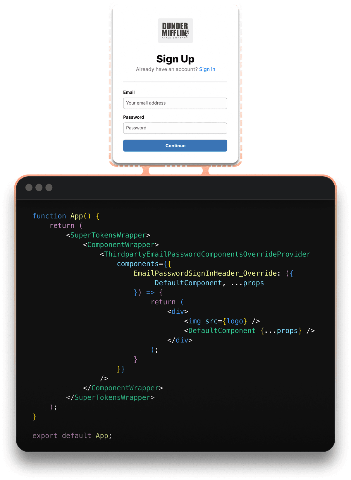 Dunder muffin login form with overrides example code snippet for tablet