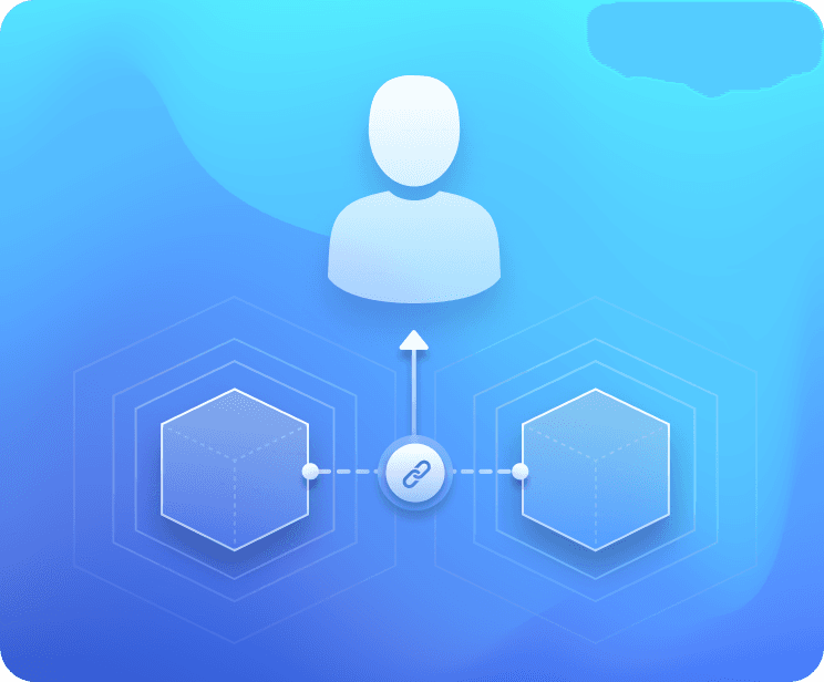 Blue card with a user and linking flow diagram