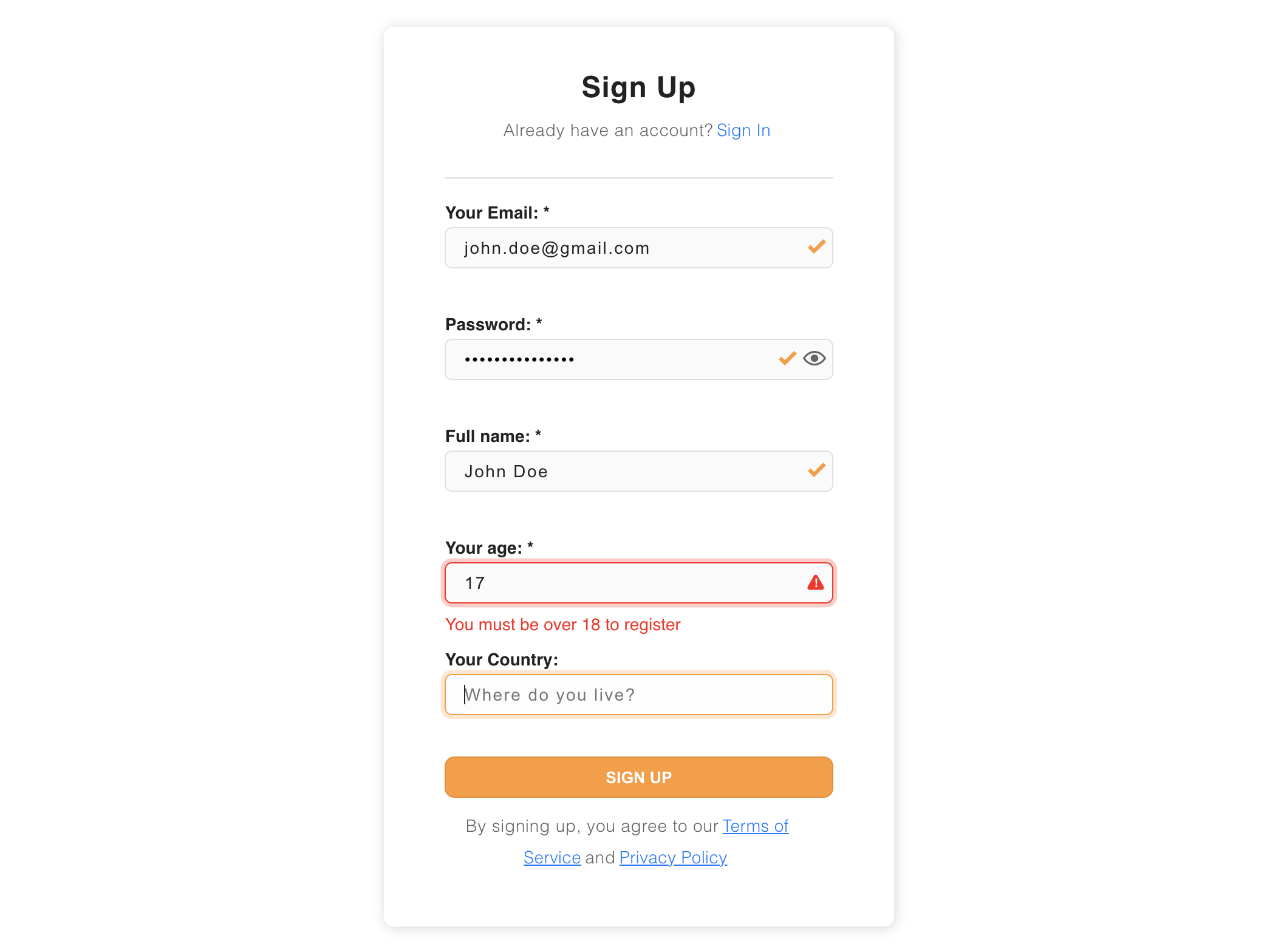 Prebuilt form UI with custom validation