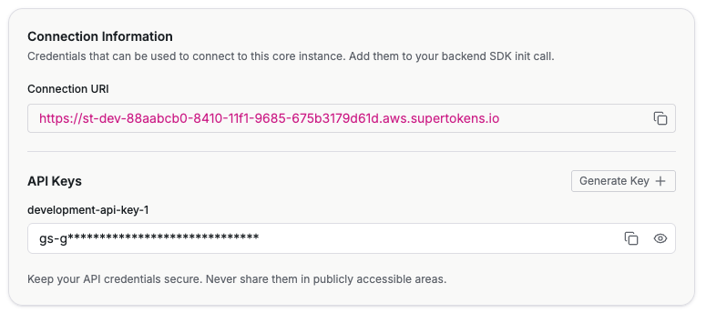 SuperTokens managed service dashboard connectionURI and API key