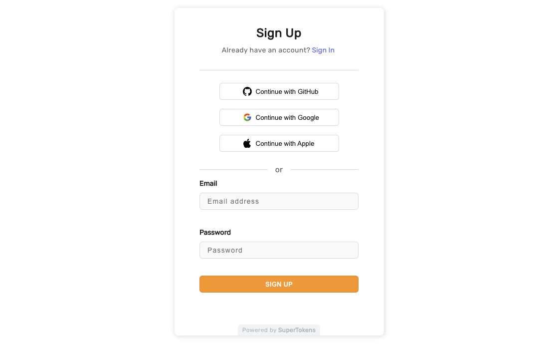 Sign up form UI for email password login