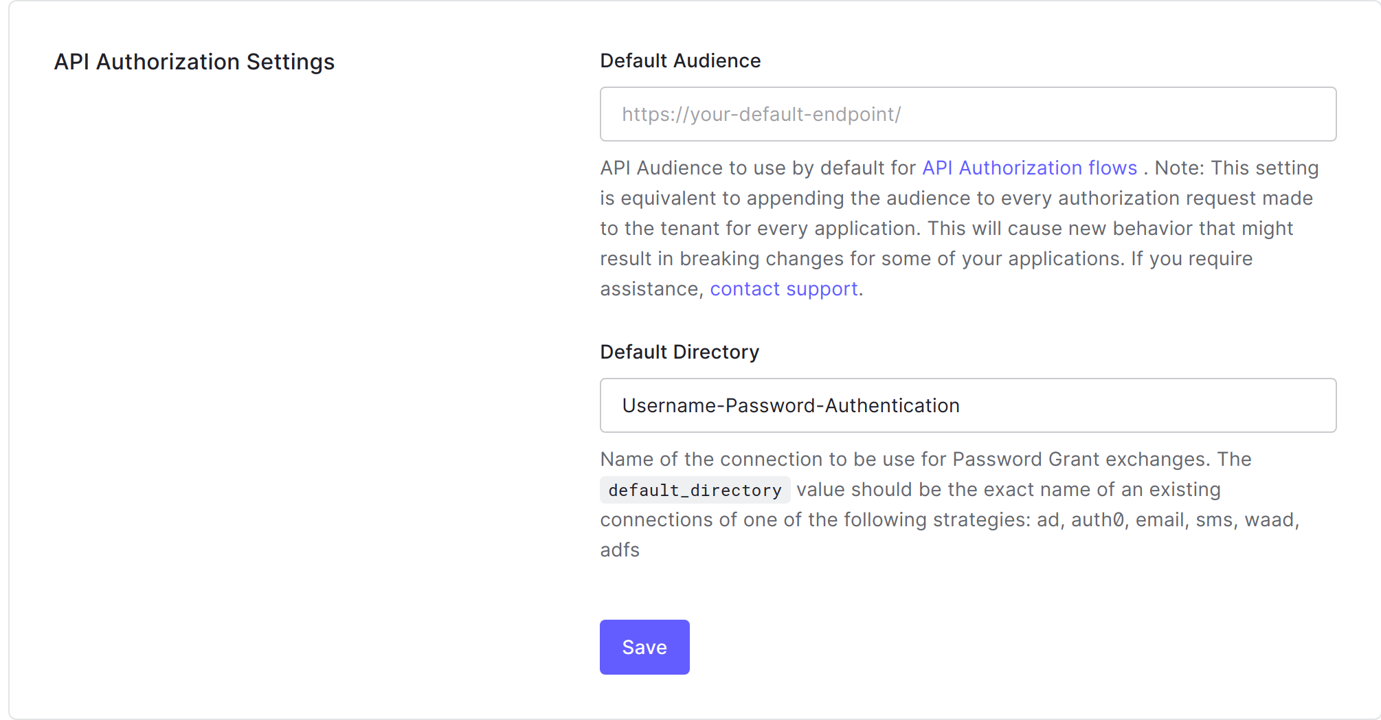 Updating default directory in Auth0 tenant settings