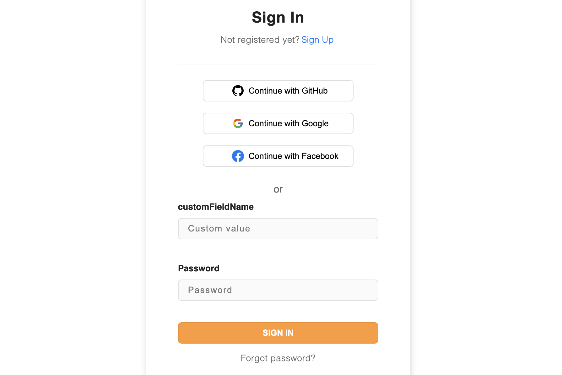 Prebuilt sign up form with custom field label and placeholder
